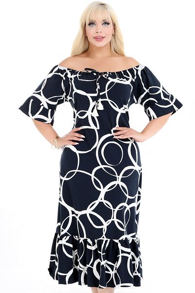 Kheos Full Length Plus Size Dress with Lace-Up Collar, Short Sleeves, Ruffle Detail at the Sleeve Hem and Hem
