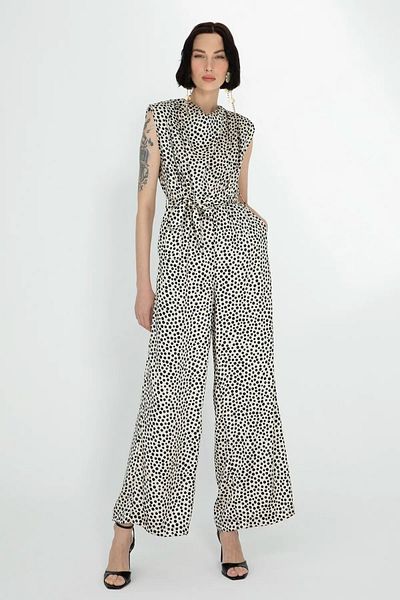 FASHION COCKTAIL Salopetă cu pantaloni din satin, fără mâneci, cu buline, albă