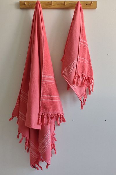 Sevim 100% Cotton 2-Piece Peshtemal Set-Beach Towel Set-Coral