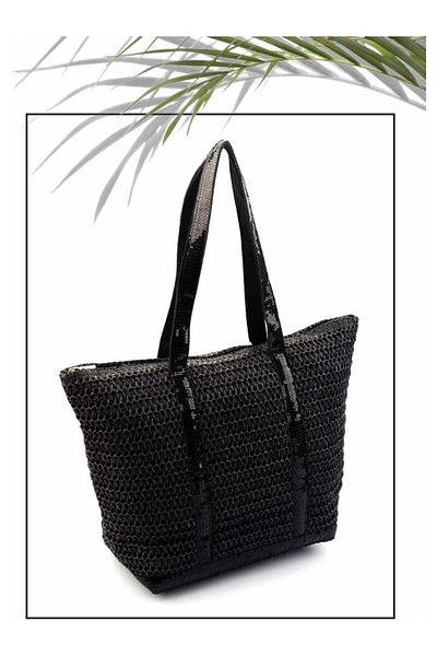 FASHION COCKTAIL Ορθογώνια διχτυωτή παγιέτα Holiday Beach Straw Bag - με λουράκι και τσέπη