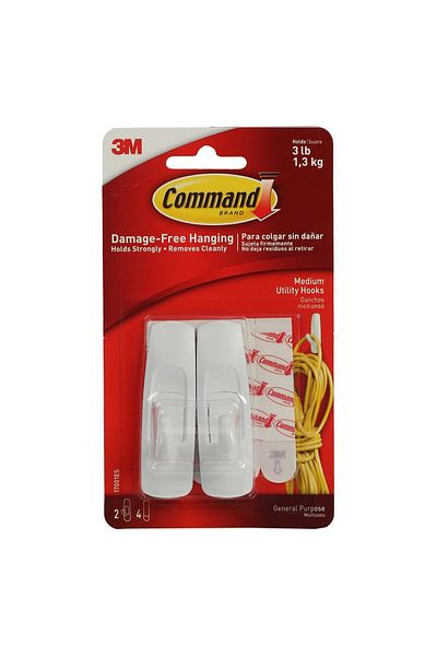 3M Command Medium Hooks 17001, 3 Lbs Capacity, 2 Hooks & 4 Strips – White, Damage-free