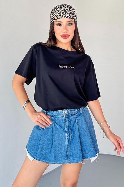 Cappmoda T-913 Black Duck Embroidered Short Sleeve Cotton T-Shirt
