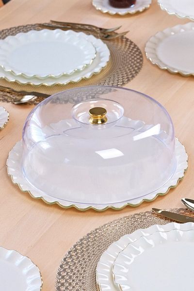 Glore Solid Cream Wavy Gold Gilded Glass Cake Dish