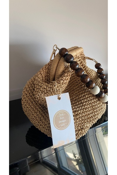 PeriStore Hasır Ahşap Boncuklu Portföy Çanta 30x20cm