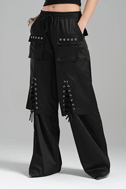 tw3 Kadın Kuş Gözü Detaylı Bel Lastikli Bol Paça Pantolon