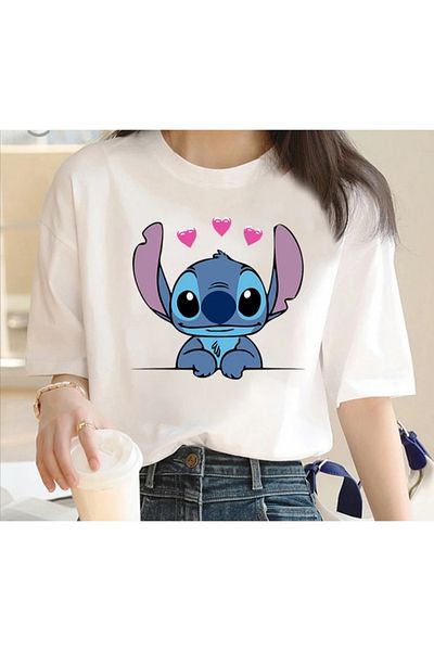 MAGORS Tricou cu mânecă scurtă din bumbac, cu decolteu, cu imprimeu Disney Stitch, pentru copii și adolescenți