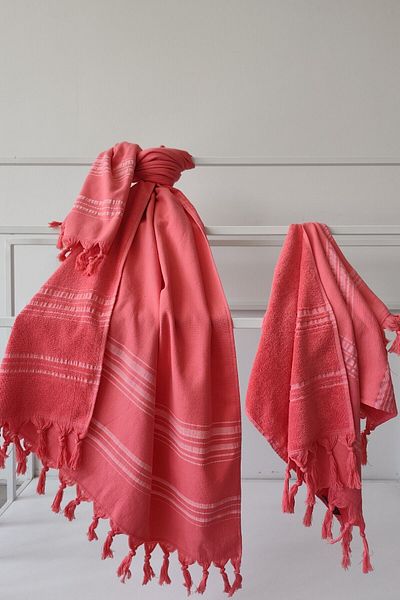 Sevim 100% Cotton 2-Piece Peshtemal Set-Beach Towel Set-Coral