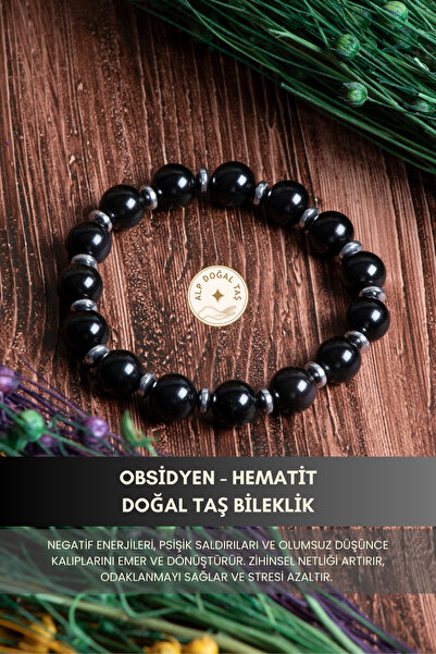 Alp Doğal Taş Orijinal Sertifikalı Obsidyen - Hematit (10mm) Doğal Taş Bileklik