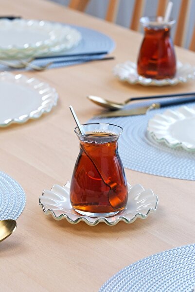 Glore Solid Cream Wavy 12 Pieces Platinum Gilt Glass Tea Set for 6 People