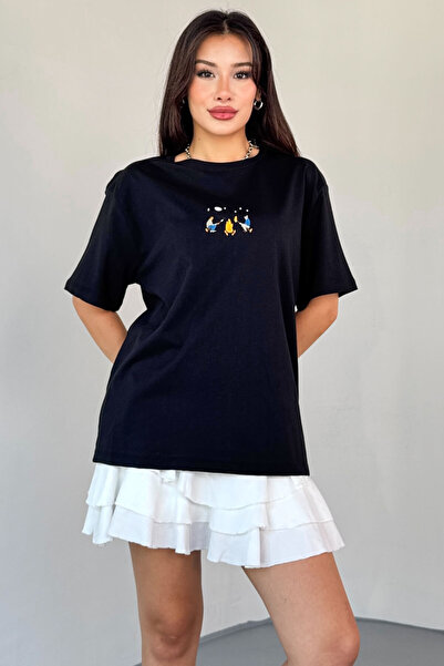 Cappmoda T-910 Black Fire Embroidered Short Sleeve Loose Cotton T-Shirt