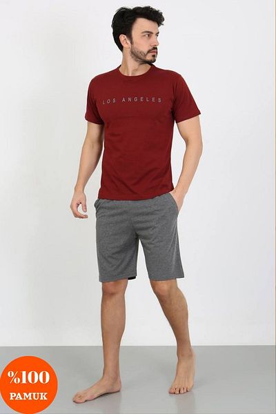 shopshop Ανδρικό μπορντό εμπριμέ 100% βαμβακερό κοντομάνικο σορτς με τσέπες καλοκαιρινές πιτζάμες