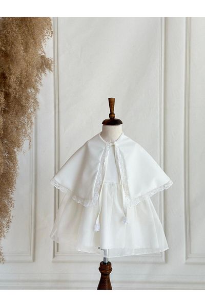 Hobidik Baby Girl Child Off White Crepe Fabric Cape and Dress