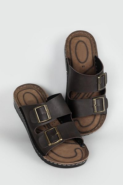 LUGMO Faux Leather Eva Slippers Stitched Metal Double Buckle Men's Comfort Lightweight Non-Slip Sole Brown
