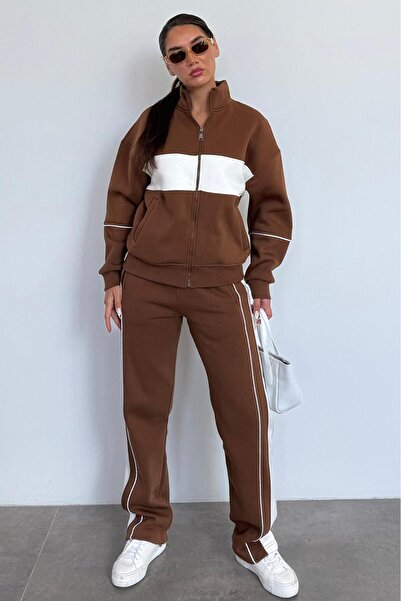 Madmext Kahverengi Dik Yaka Fermuarlı Şeritli Eşofman Takımı MG2216