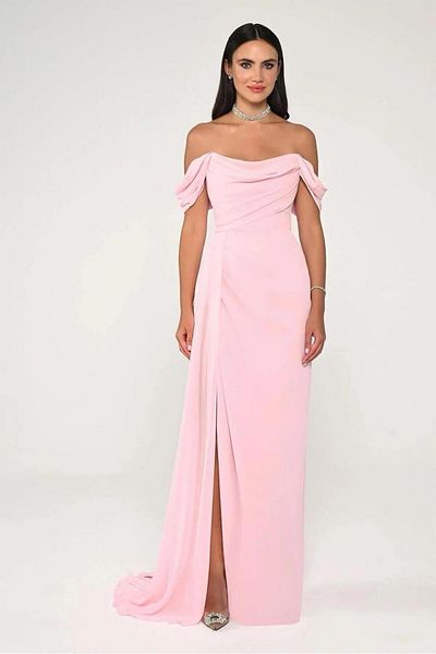 ALFABETA Long chiffon evening dress with side slit and off-the-shoulder