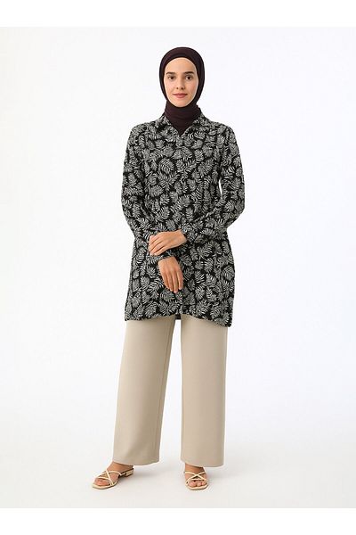 Refka Viscose Printed Tunic - Black and White Leaf Pattern - Refka