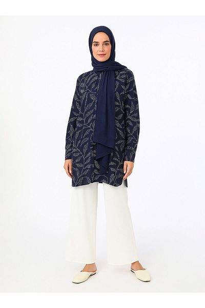 Refka Viscose Printed Tunic - Navy Blue - White - Refka