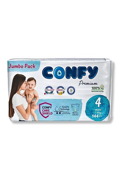 Confy Premium Size 4 Baby Diapers Maxi 7 - 14 kg 144 Pieces