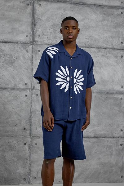 NOMARC Πουκάμισο με κοντό μανίκι με στάμπα Navy Blue Nmrc