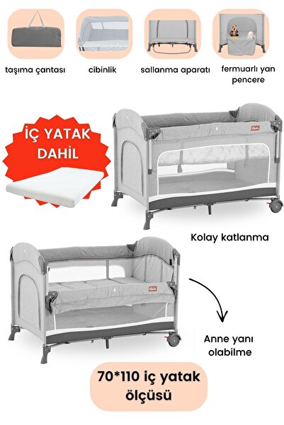 Gulz Omega Anne Yanı Sallanır Cibinlikli Oyun Parkı Bebek Beşik 70x110 Cm Yat...