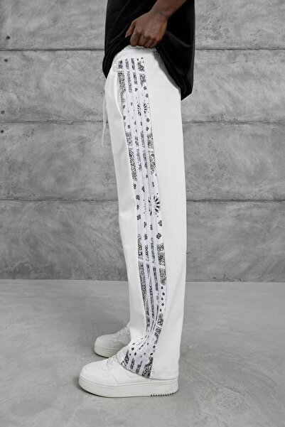 NOMARC Erkek Bol Paça Motifli 3 Çizgili Beyaz Eşofman Altı