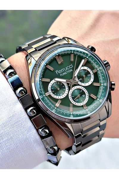 Ferrucci Men's Functional Wristwatch - Smoke Color, Green Dial