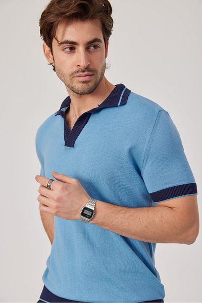 NOMARC Tricou cu dungi cu guler tricotaj albastru bleumarin
