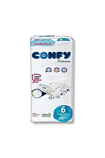 Confy حفاضات أطفال مقاس 6 مقاس كبير جدًا 15 كجم 108 قطعة