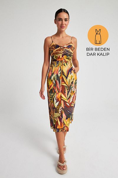 Setre Khaki V-Neck Slim Fit Strap Midi Length Dress with Drawstring Detail at the Waist