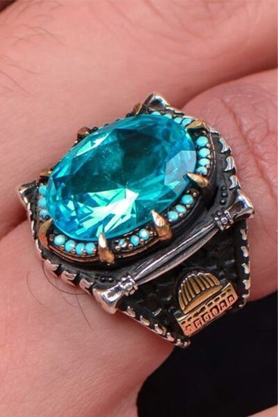 OSMANLI GÜMÜŞ Mescidi Aksa Kabartmalı Paraiba Taşlı 925 Ayar Gümüş Erkek Yüzük