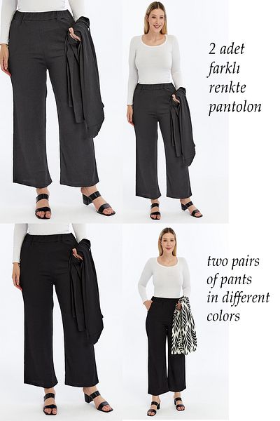 Laden 2 Pieces Women's Plus Size Summer Wrinkled Wide Leg Mother's Summer Gray and Black Trousers