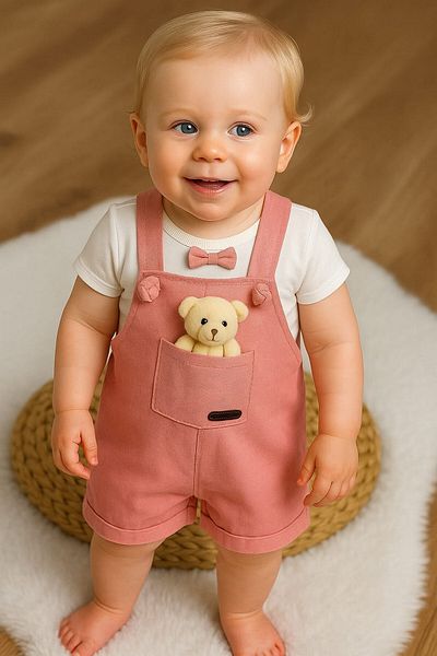 dinamik çocuk Baby Girl's Teddy Bear Patterned Baby Set with Slippers and Badi - Summer Holiday