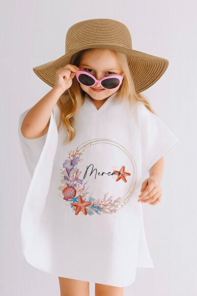 Lilabio İsme Özel %100 Pamuk Müslin Kapüşonlu Kız Çocuk Panço Bornoz Deniz Yı...