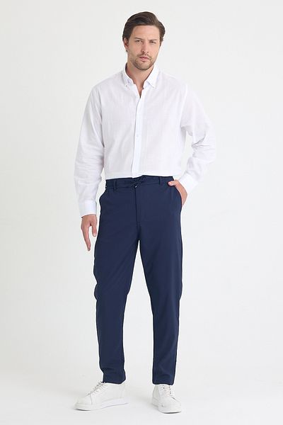 EXSPORT Men's Side Pockets, Elastic Waist, Lace-Up Belt, Relaxed Fit, Comfortable Cut Cool Fabric Trousers