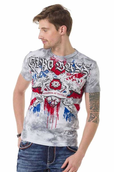 Cipo&Baxx Ct694 Vintage Flag Patterned Gray T-Shirt