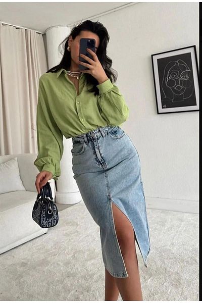 MADAME MELEK Model Zr Fustă Denim detaliată Lycra Snow Wash Ice Blue