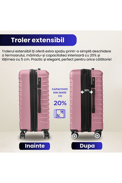 Quasar & Co. Troler Mare Extensibil, Troller Line, 77x49x31-36cm, Bagaj De Cala, 4 Roti Duble, Abs, Roz Pudrat