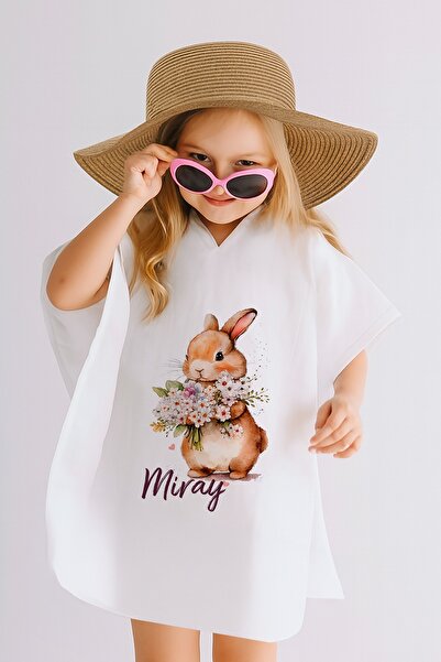 Lilabio İsme Özel %100 Pamuk Müslin Kapüşonlu Kız Çocuk Panço Bornoz Tavşan