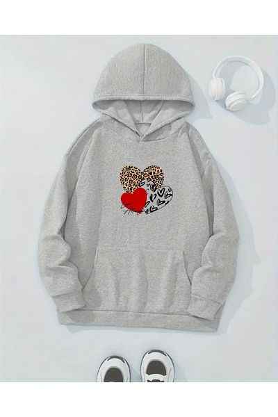 VERSCOVE Heart Printed Sweatshirt Kangaroo Pocket Hooded 2 Thread Seasonal Comfortable Fit
