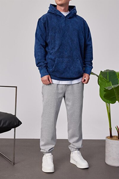 NOMARC Washed Basic Hooded Navy Blue Sweatshirt