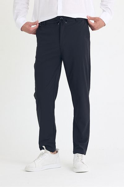 EXSPORT Men's Side Pockets, Elastic Waist, Lace-Up Belt, Relaxed Fit, Comfortable Cut Cool Fabric Trousers