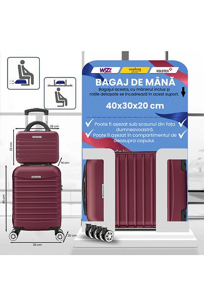 Quasar & Co. Set Troler Cabina Cu Geanta Cosmetice,40x30x20cm, Roti Detasabile,bagaj Mana,troller Abs,visiniu