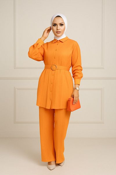 Neva Style Πορτοκαλί πλισέ μουσουλμανικό κοστούμι δύο τεμαχίων - 100044 Τ