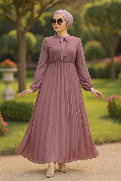 Neva Style Φόρεμα Hijab με γραβάτα Dusty Rose 50351GK