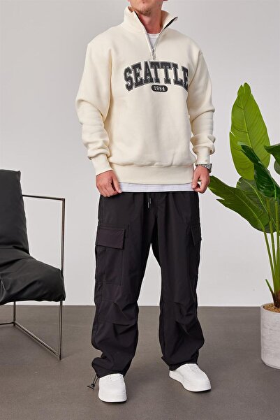 NOMARC Erkek Seattle Yakası Fermuarlı Krem Sweatshirt
