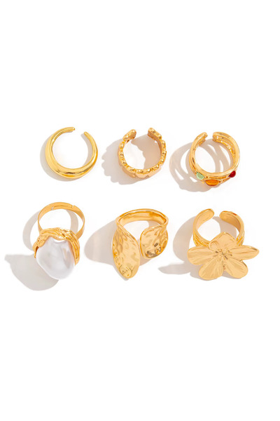 Girift Vintage Yulia 6 Adet Ayarlanabilir Beyaz Detaylı Çiçek Figürlü Gold Yüzük Seti