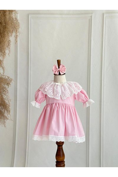 Hobidik Baby Girl Kid's Pink Cotton Poplin Fishtail Cape Balloon Sleeve Dress