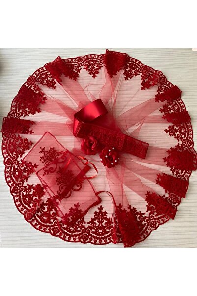 nuksoc Kırmızı Gelin Duvağı Flok Sim İşlemeli Gelin Duvağı Kına Örtüsü 2 Adet...