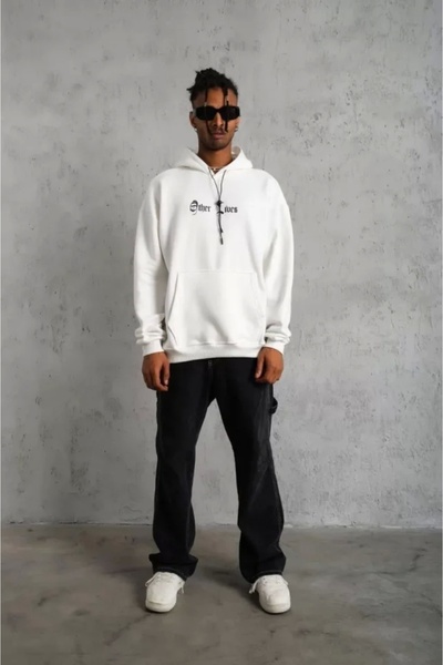 Bijuterria    Men's Back Printed Oversize Three Thread Hooded Sweatshirt - White