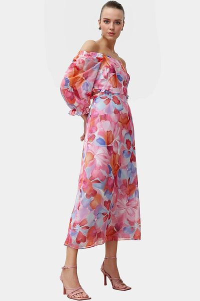 PayBuy Maxi Chiffon Dress Floral Pattern a Line Three Quarter Sleeve Without Belt Long Lasting Trend Design